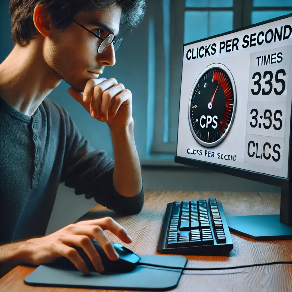 A person focused on clicking a mouse rapidly while taking a CPS test on a computer screen.